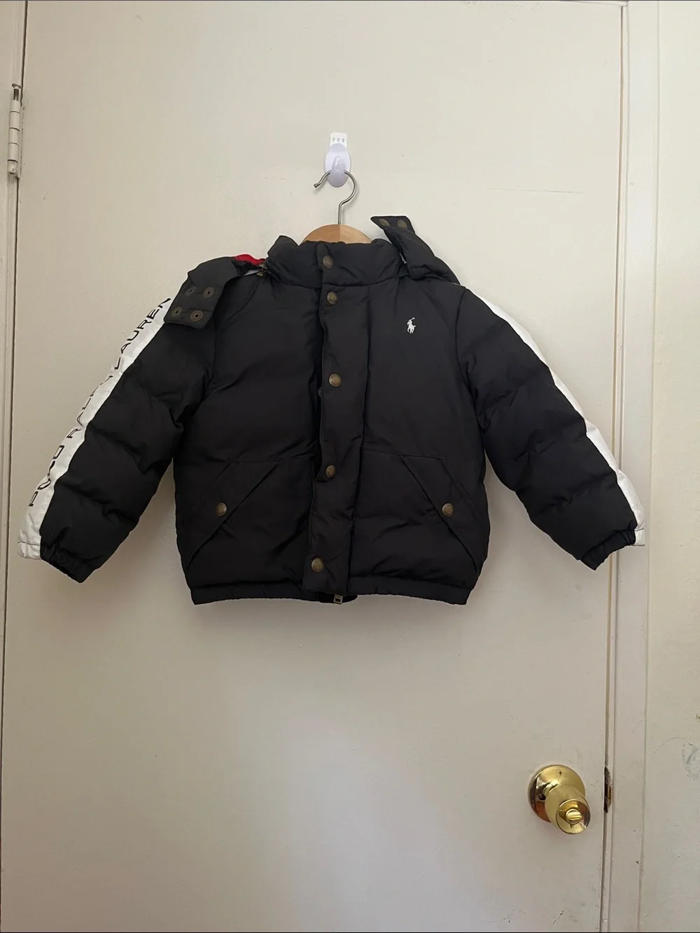 Polo by Ralph Lauren Black Boys Puffer Jacket with Red Lining and Trim